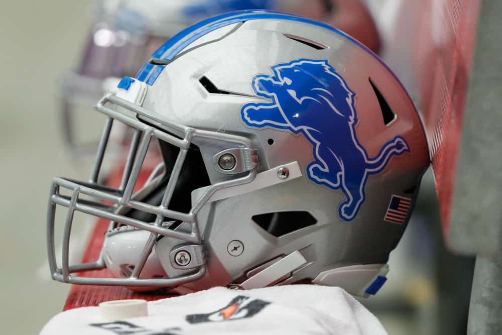 Tampilan rinci helm Detroit Lions selama pertandingan sepak bola NFL antara Detroit Lions dan Arizona Cardinals pada 8 September 2019 di Stadion State Farm di Glendale, Arizona.