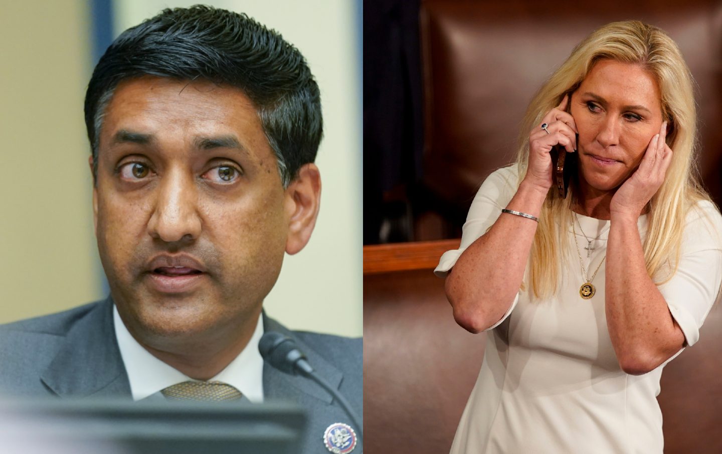 Headshot Ro Khanna berbicara di sebelah bidikan sedang Majorie Taylor Greene di telepon.