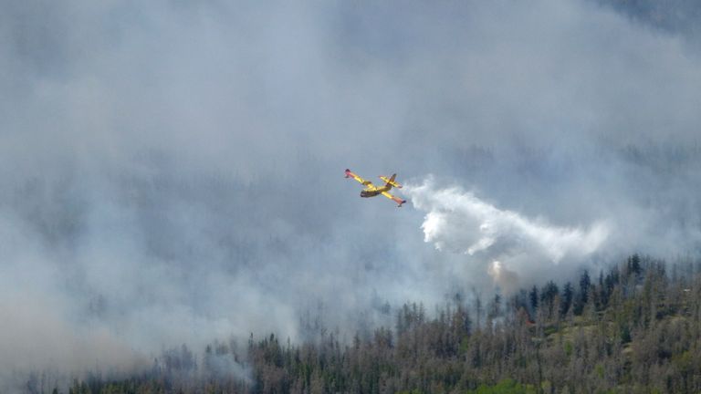 Sebuah pembom air menjatuhkan muatan di kebakaran hutan Taman Provinsi Nopiming di Manitoba. Foto: Pemerintah Manitoba