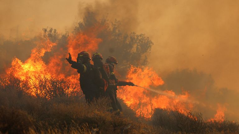 Petugas pemadam kebakaran mencoba memadamkan kebakaran hutan di dekat Lerapetra, di pulau Kreta, Yunani. Foto: Reuters